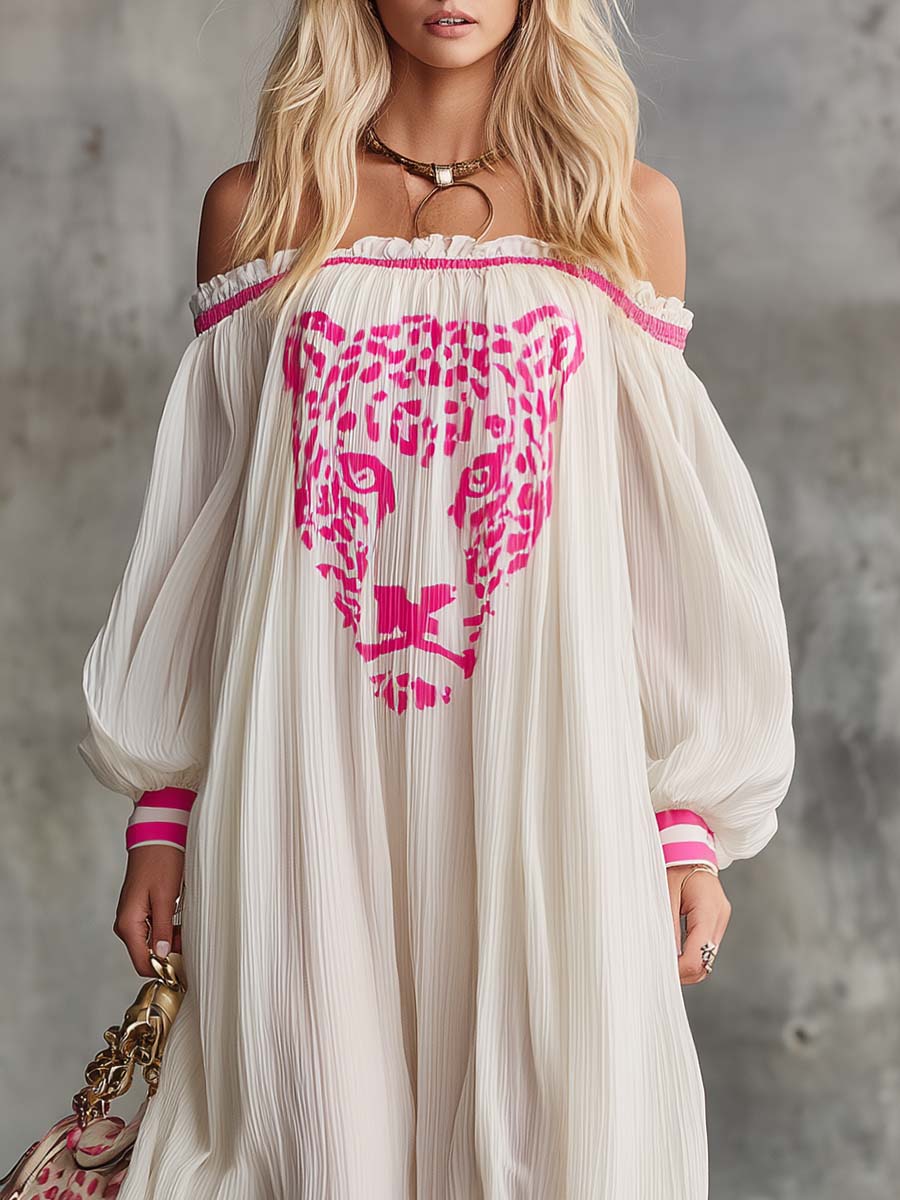 Elegant Flowing. Ultra-loose Off-shoulder Pink Leopard Print Off-white Chiffon Maxi Dress