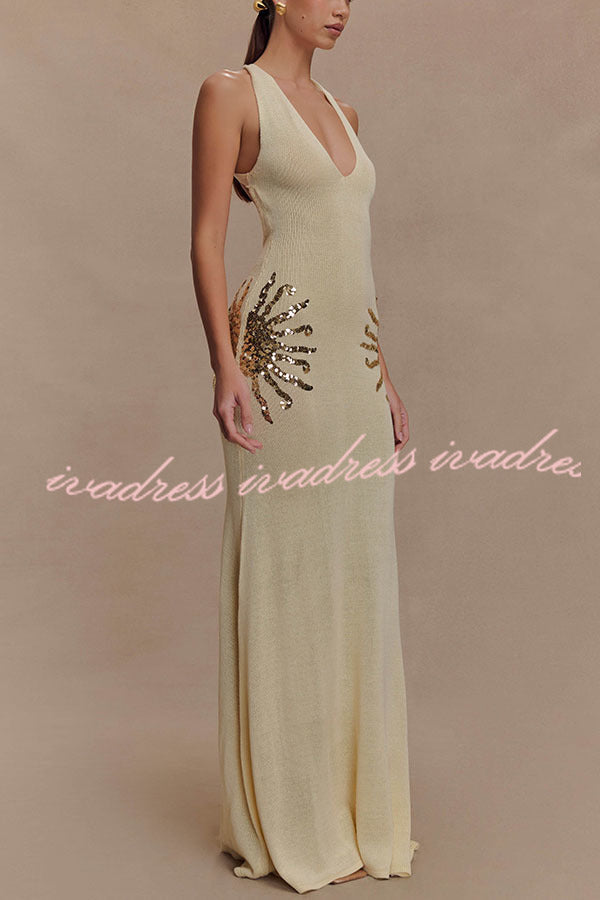 Sparkling Nights Knit Sunburst Sequin Detail Back Cross Straps Stretch Maxi Dress