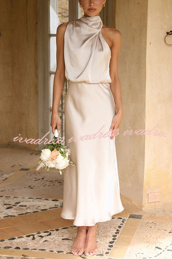 Perfectly Yours High Neck Elastic Waist  Satin Drape Maxi Dress