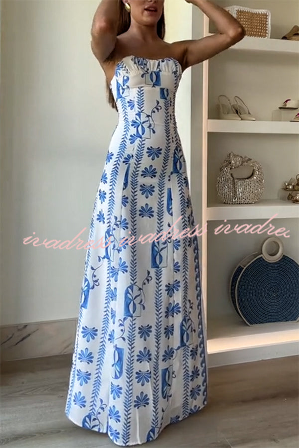 Freya Linen Blend Floral Wave Print Ruched Bust Strapless Maxi Dress