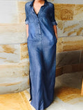 Casual Plain Lapel Collar Roll Tab Sleeve Loose Slit Maxi Shirt Dress