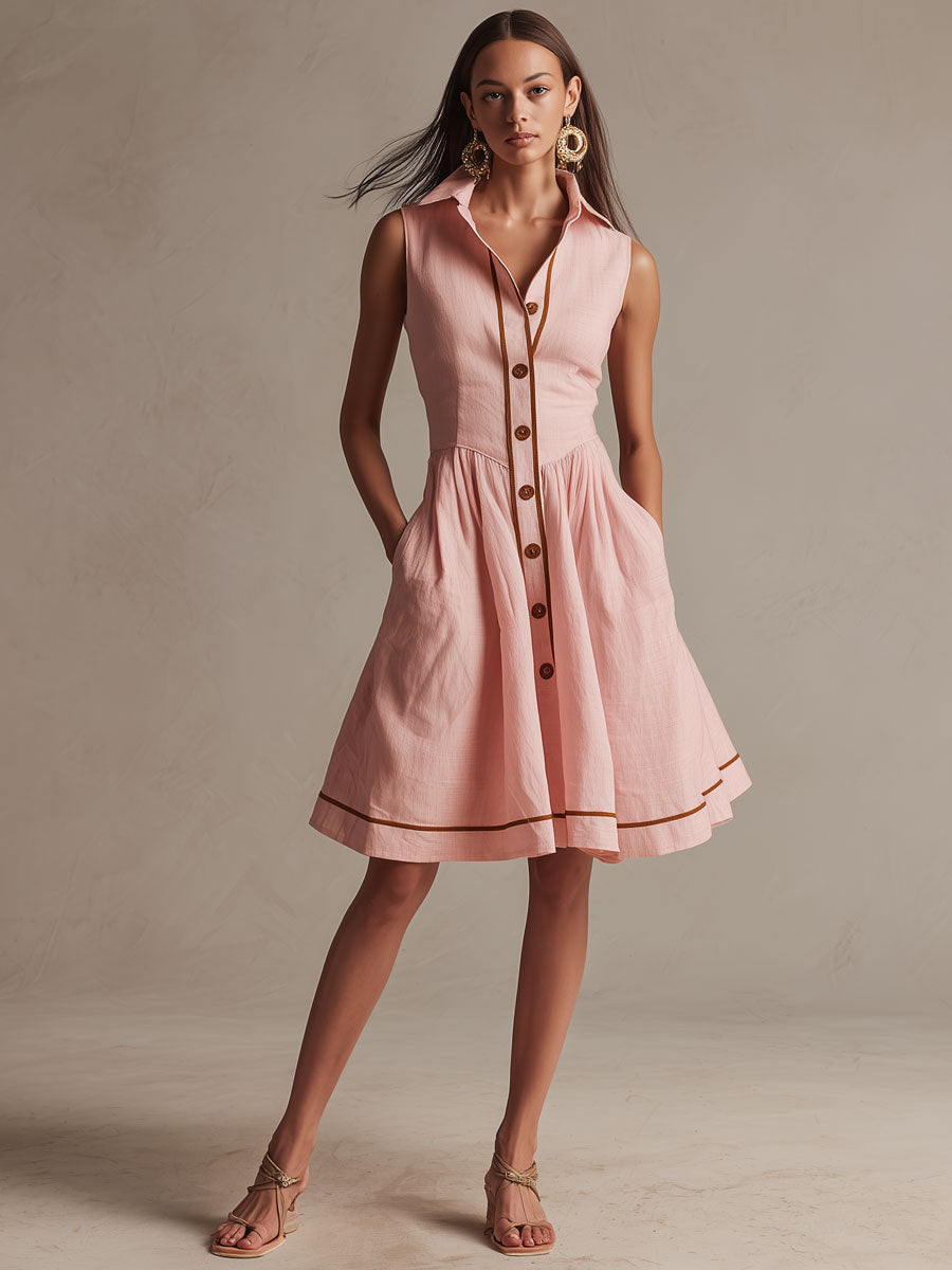 Vacation Retro Brown Trim Pink Cotton Sleeveless Mini Dress
