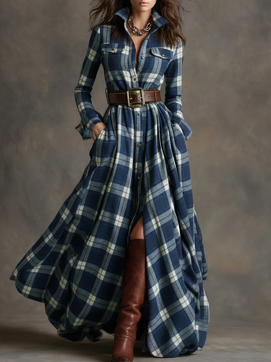 Daily Green Plaid Shirt Collar Long Sleeve Vintage Maxi Dresses
