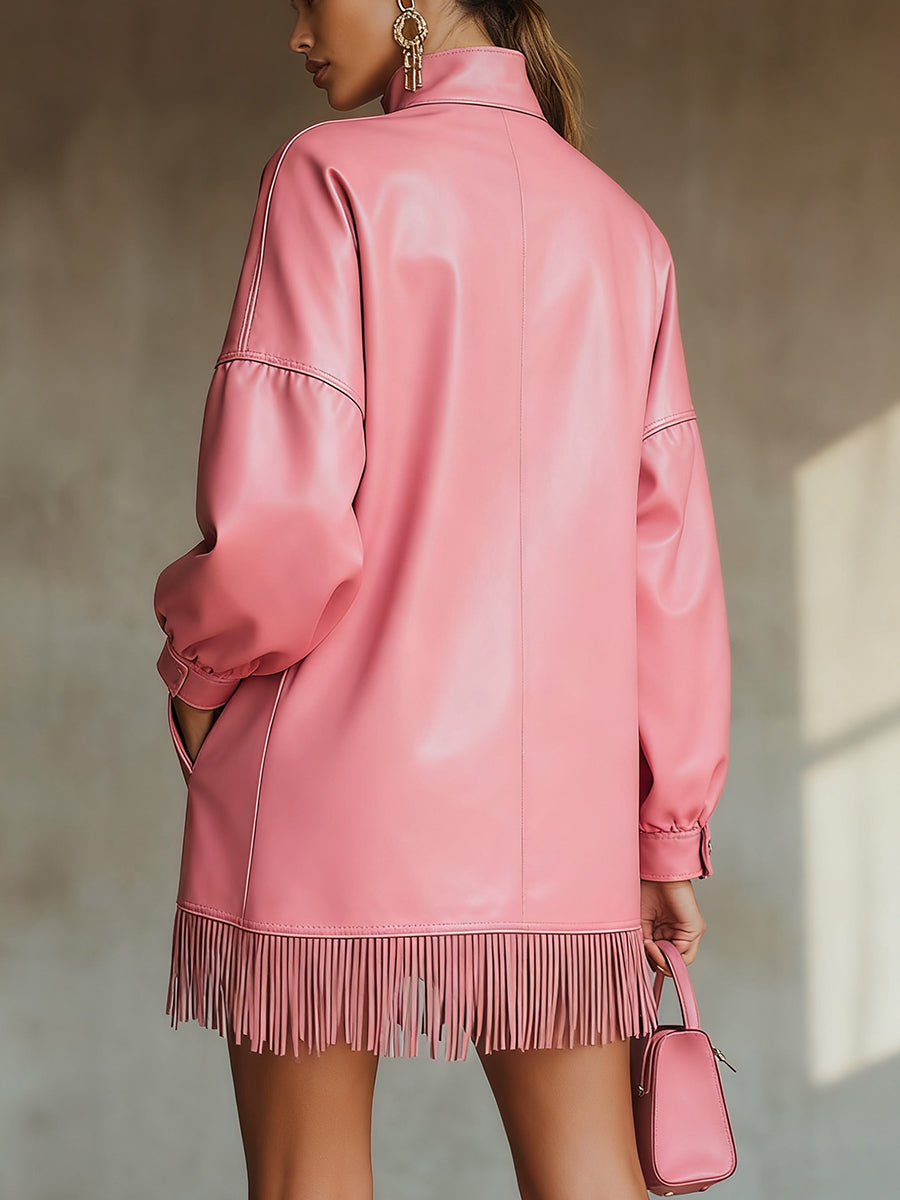 sheenchic Daily Pink High Collar Lantern Sleeve Long Sleeve Strappy Casual Pocket PU Leather Mini Dresses