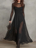Party Black Round Neck Long Sleeve See Through Elegant Tulle Maxi Dresses