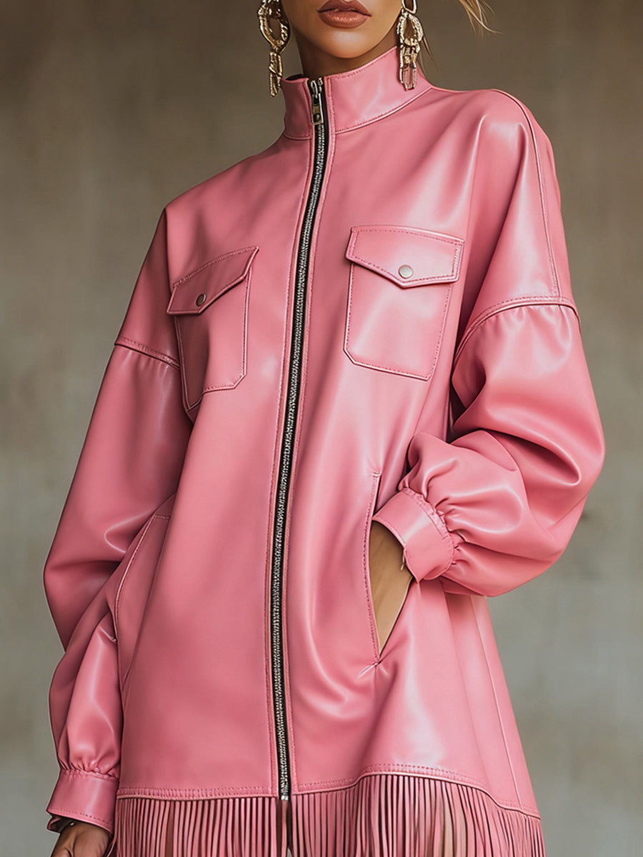 sheenchic Daily Pink High Collar Lantern Sleeve Long Sleeve Strappy Casual Pocket PU Leather Mini Dresses