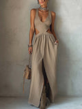 Khaki Cutout Waist Cotton Linen Maxi Dress