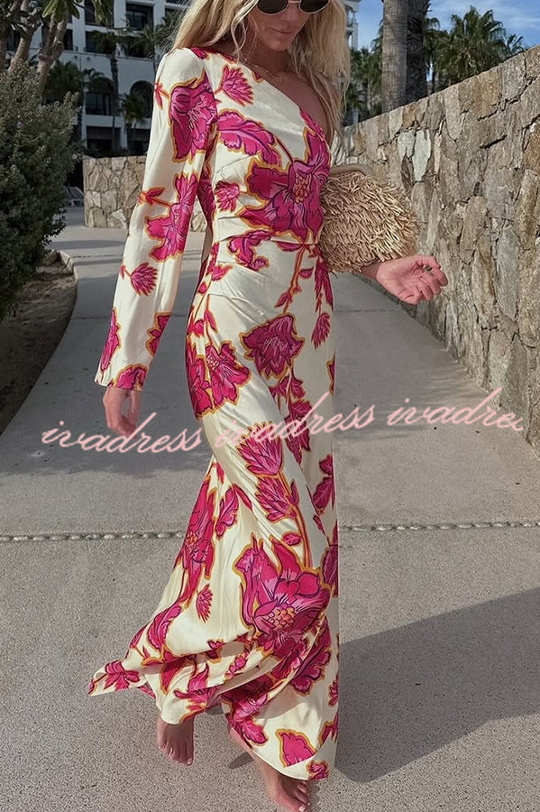 Rhia Satin Floral Print One Shoulder Flared Maxi Dress