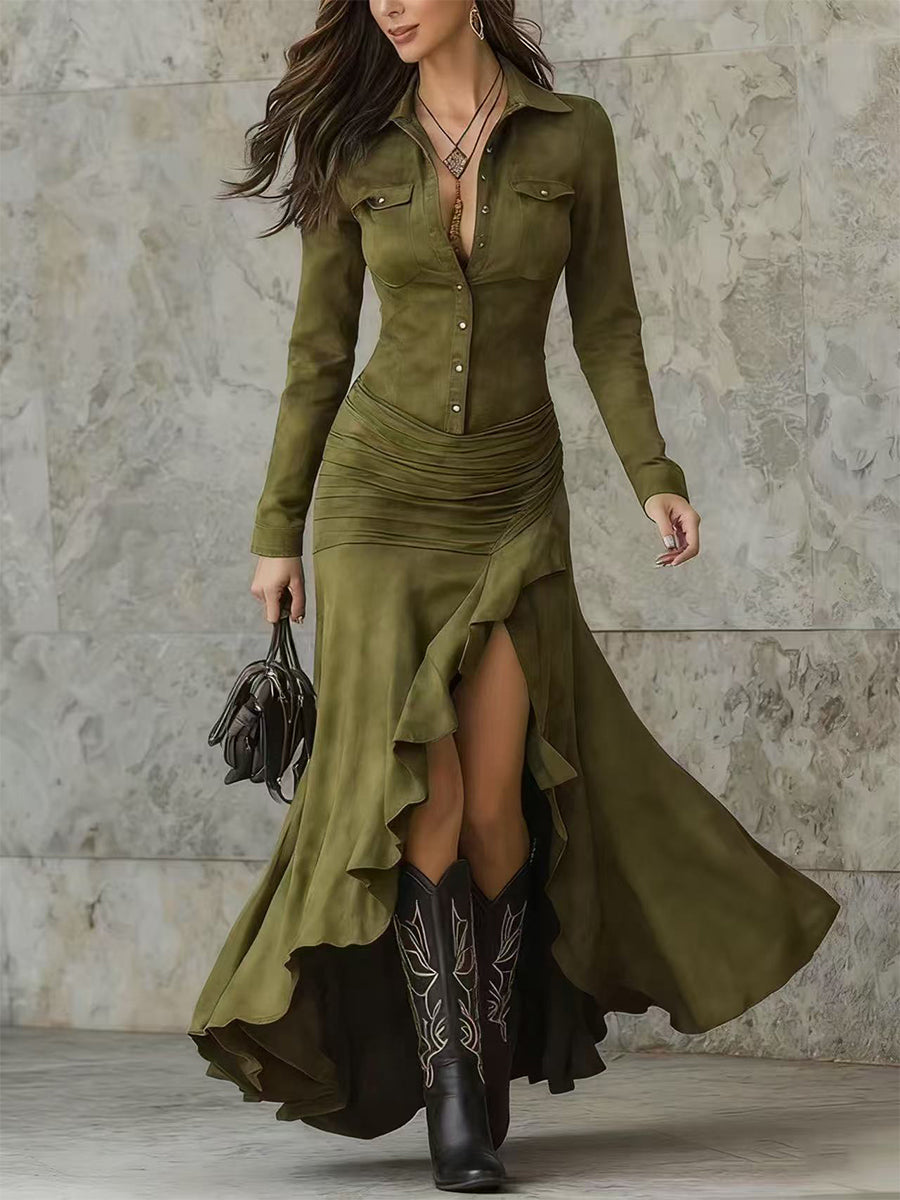 Party Brown Shirt Collar Long Sleeve Asymmetric Hem Western Mermaid Chamois Maxi Dresses