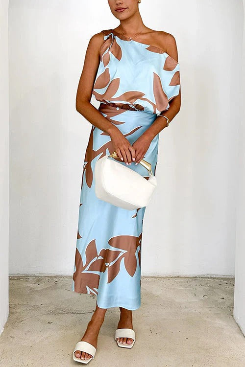 Off Shoulder Waisted Print Maxi Dress