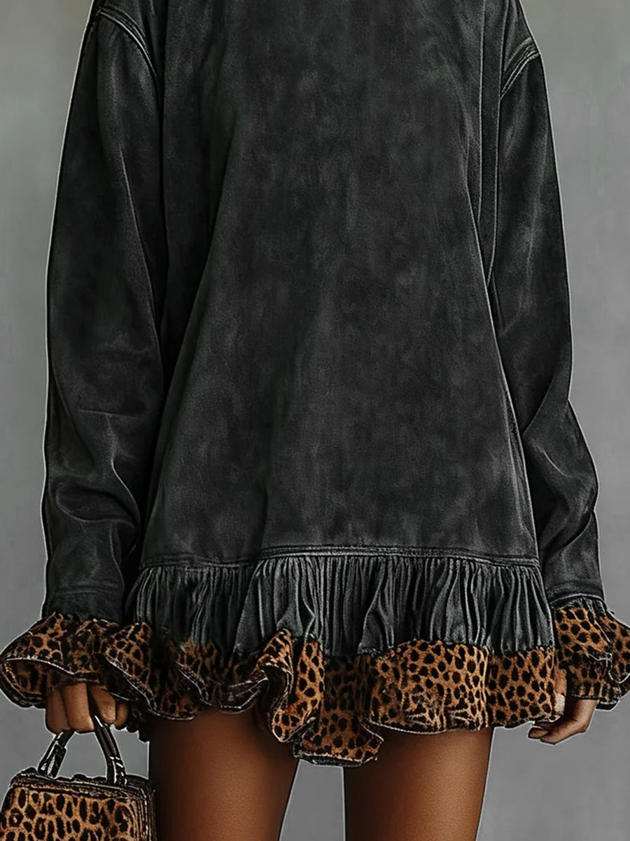 Daily Grey Leopard High Collar Long Sleeve Contrast Vintage Chamois Mini Dresses