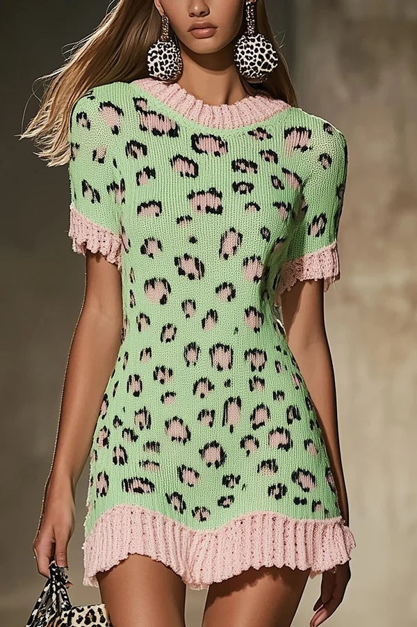 Leopard Print Contrast Color Knit Short Sleeve Ruffled Mini Sweater Dress