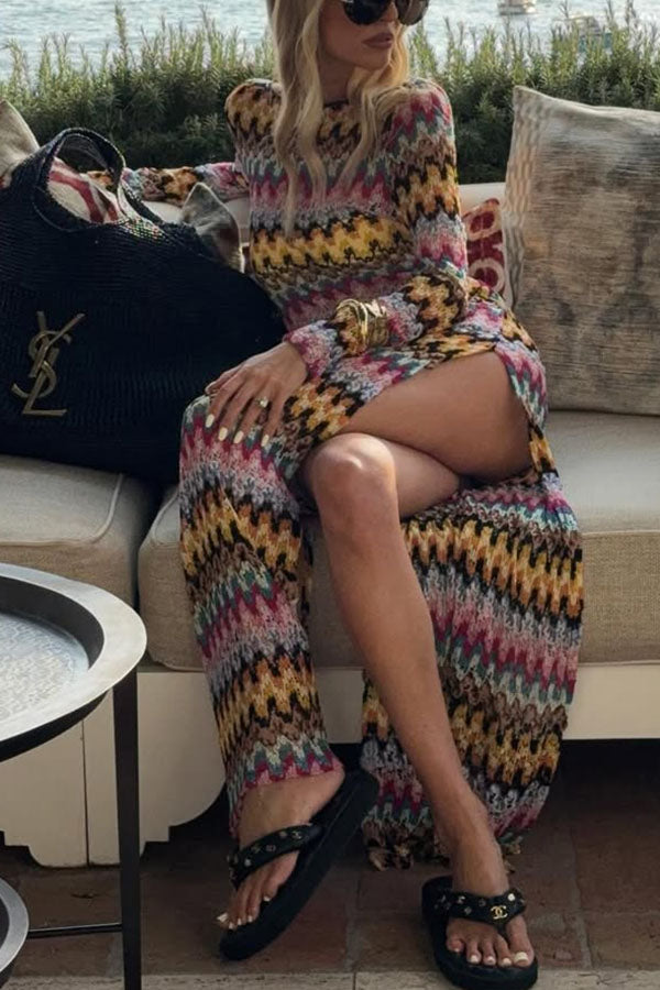 Jensin Knit Colorful Zigzag Pattern Long Sleeve Open Back Slit Vacation Maxi Dress