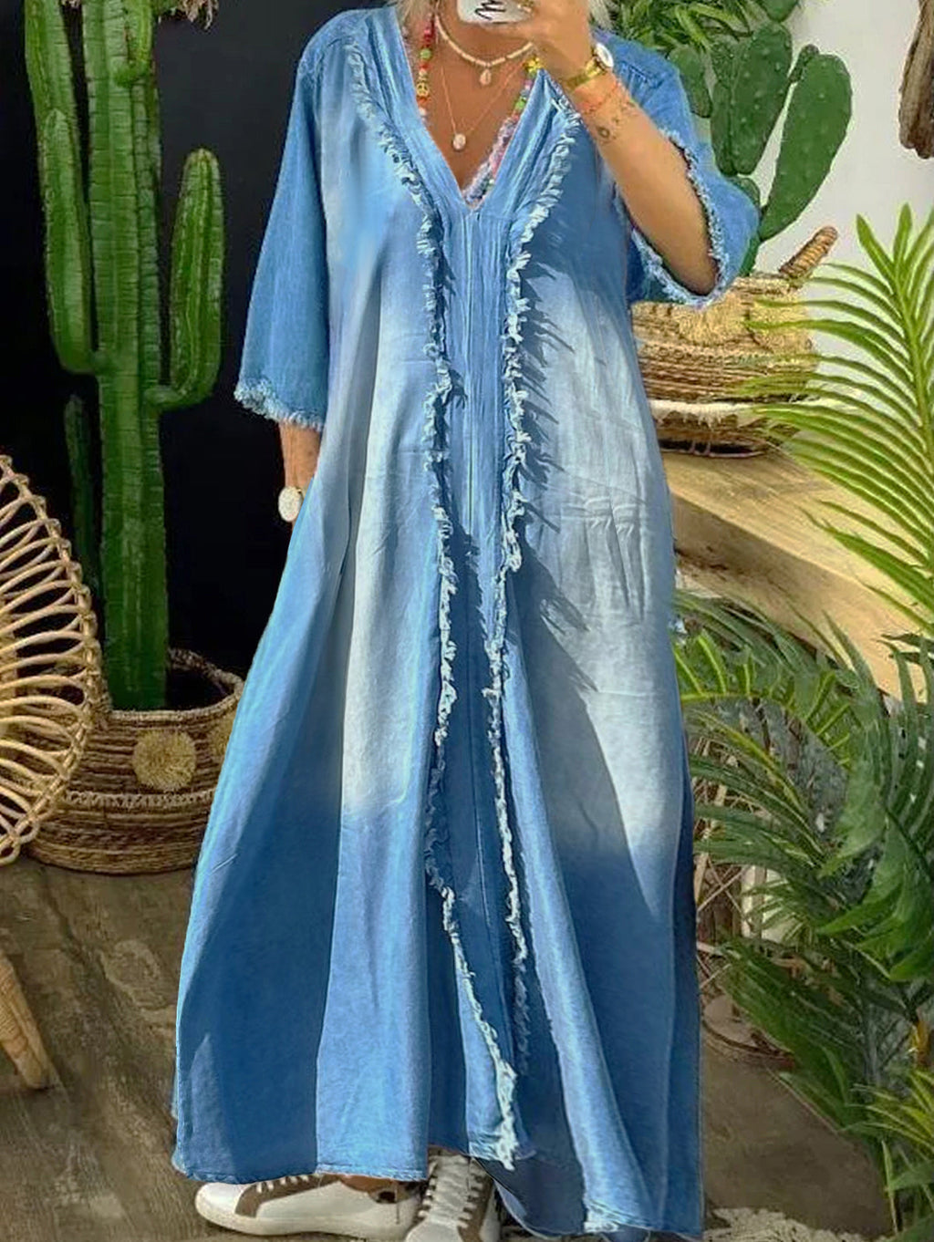 sheenchic Denim Raw Trim V Neck 3/4 Sleeve Maxi Dress