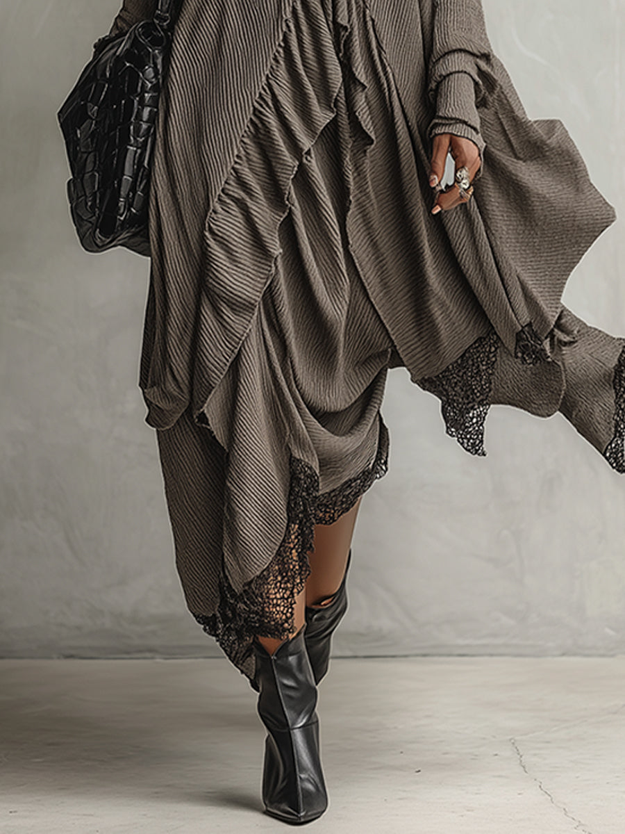 Gray Draped Deep V-Neck Maxi Dress With Lace Trim