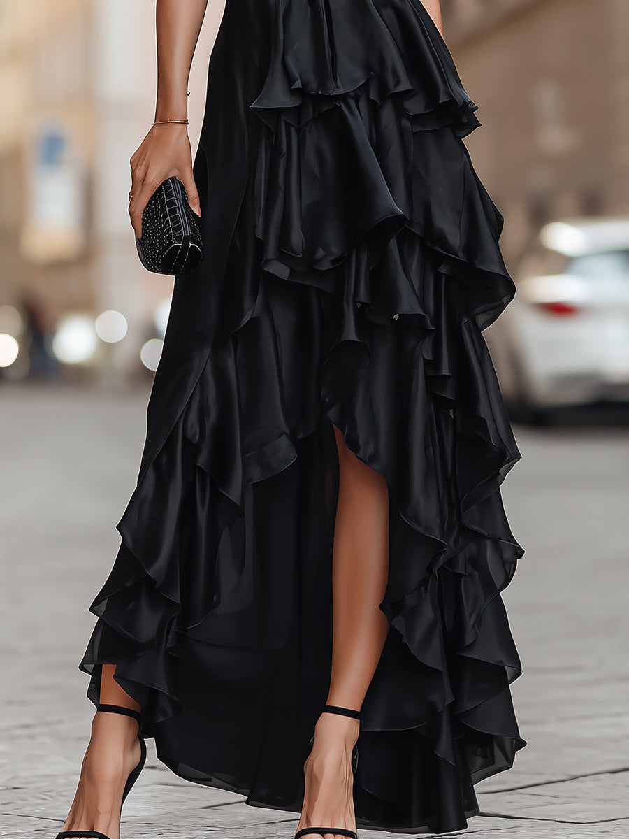 Spaghetti Strap Draped Ruffle Maxi Dress