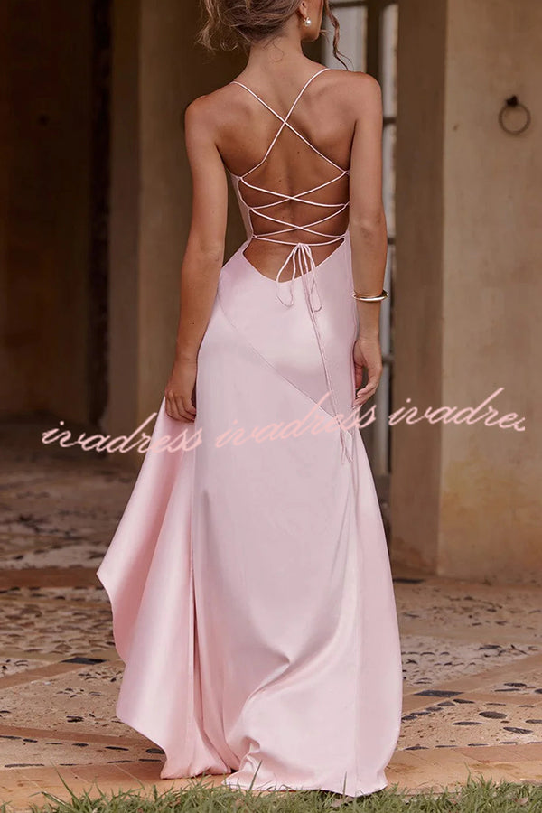 Samira Satin Back Lace-up Ruffles High Low Slit Maxi Dress