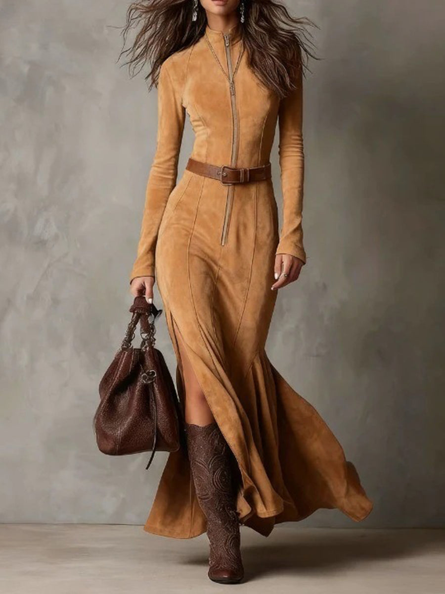 Daily Army Green Stand-Up Collar Long Sleeve Split Western Zipper Chamois Maxi Dresses