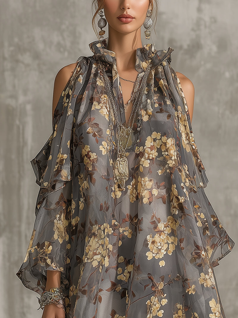 Gray Floral Chiffon Cold-Shoulder Mini Dress With Ruffled Neck