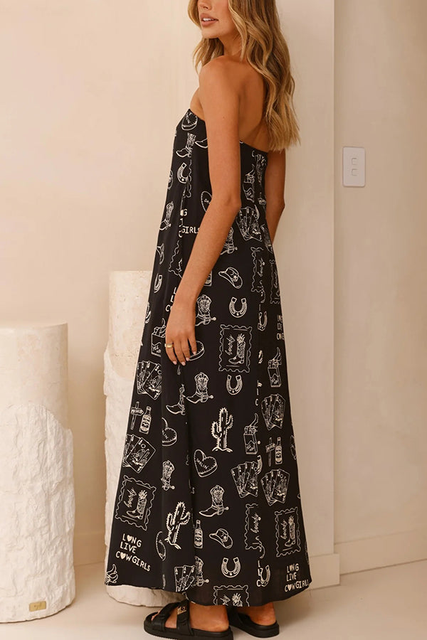 Unique Print Strapless Open Back Full Hem Maxi Dress