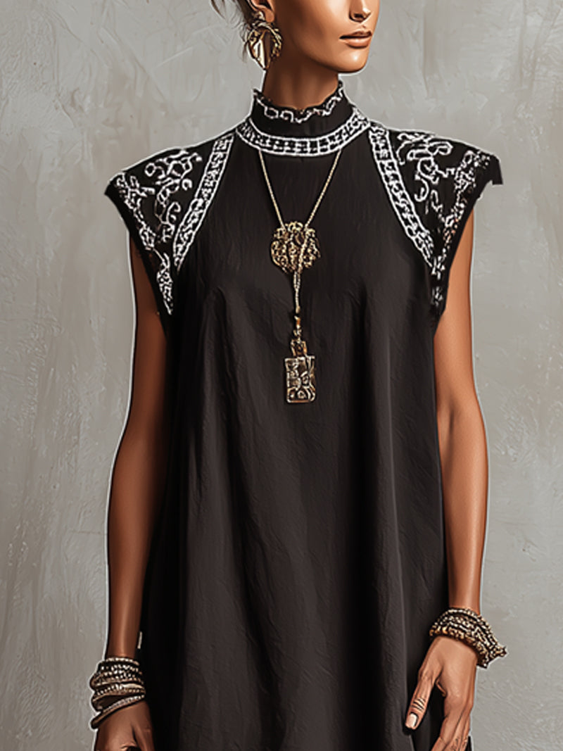 Black High-Neck Sleeveless Linen Mini Dress With Embroidered Shoulders