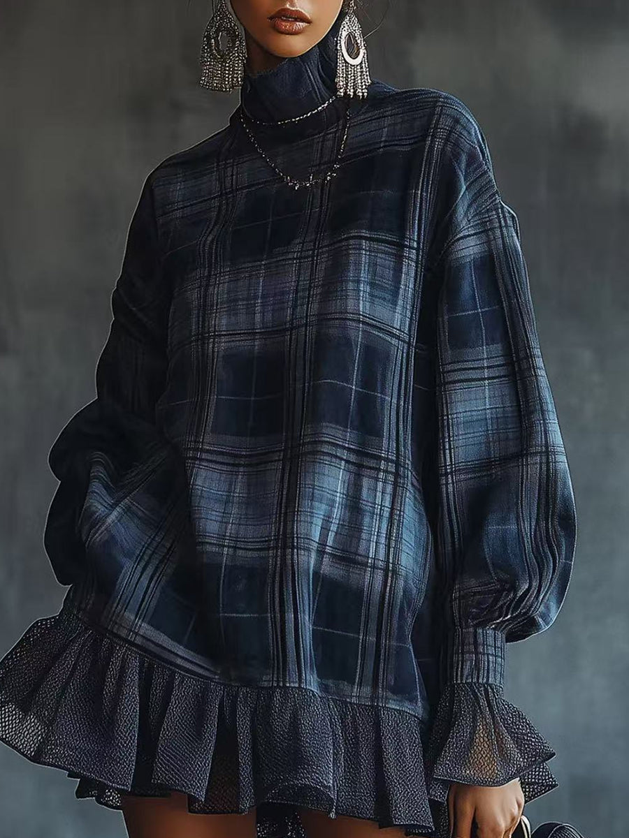 Daily Blue Plaid High Collar Lantern Sleeve Long Sleeve Pocket Vintage Contrast Mini Dresses