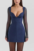 Deep V Neck Mesh Patchwork Long Sleeve A-Line Mini Dresses-Blue [Pre Order]