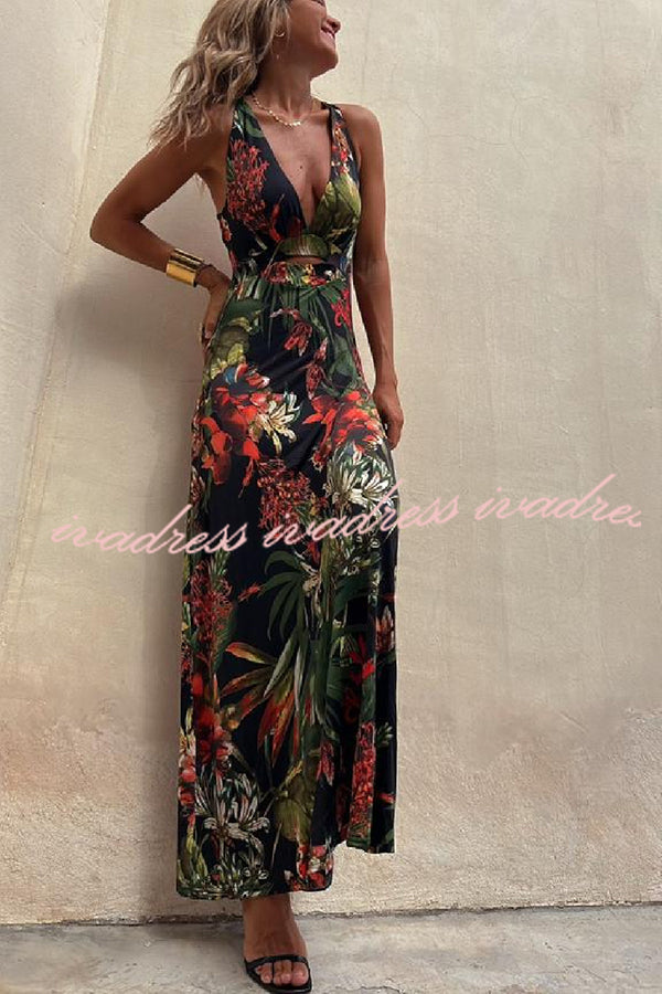 Rainforest Paradise Tropical Print Cutout Back Crossover Stretch Maxi Dress