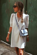 Beige Lace Up V Neck Bubble Sleeve Short Shift Dress