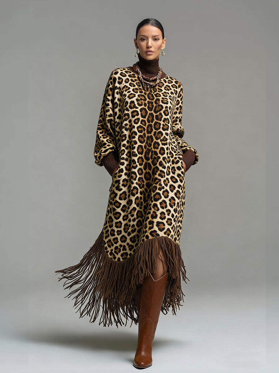 sheenchic Daily Brown Leopard High Collar Long Sleeve Strappy Vintage Pocket Maxi Dresses