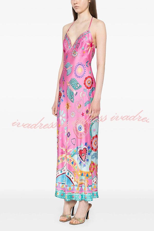 Effortless Chic Satin Unique Print Back Chain Detail Slip Maxi Dress