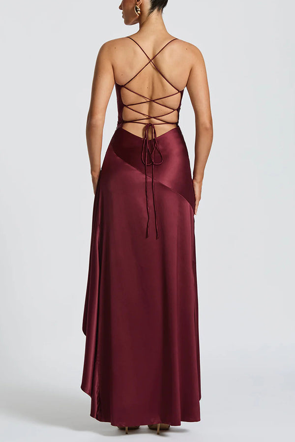 Solid Color Sexy Backless Lace-up Irregular Ruffled Maxi Dress