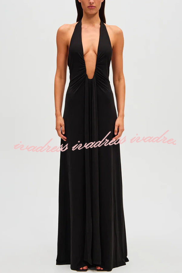 Sexy Silhouette Deep U-neck Halter Waterfall Sash Drape Maxi Dress