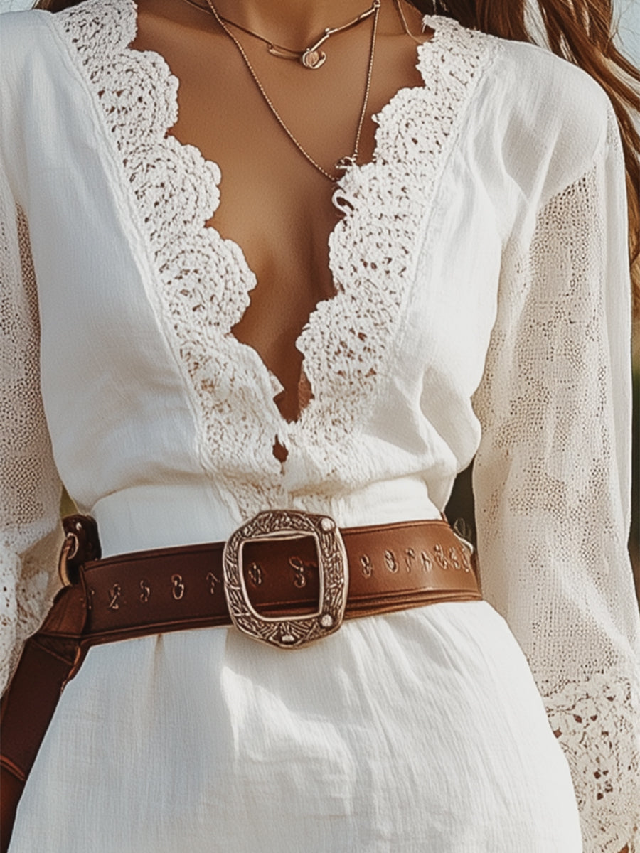 【24-hour shipping out】Women's White Linen V-neck Lace Hem Stitching Lace Mid-length Sleeve Dress