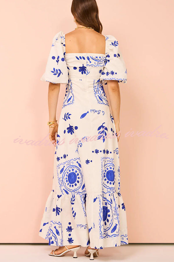 Sherbert Linen Blend Unique Print Square Neck Bubble Sleeve Maxi Dress