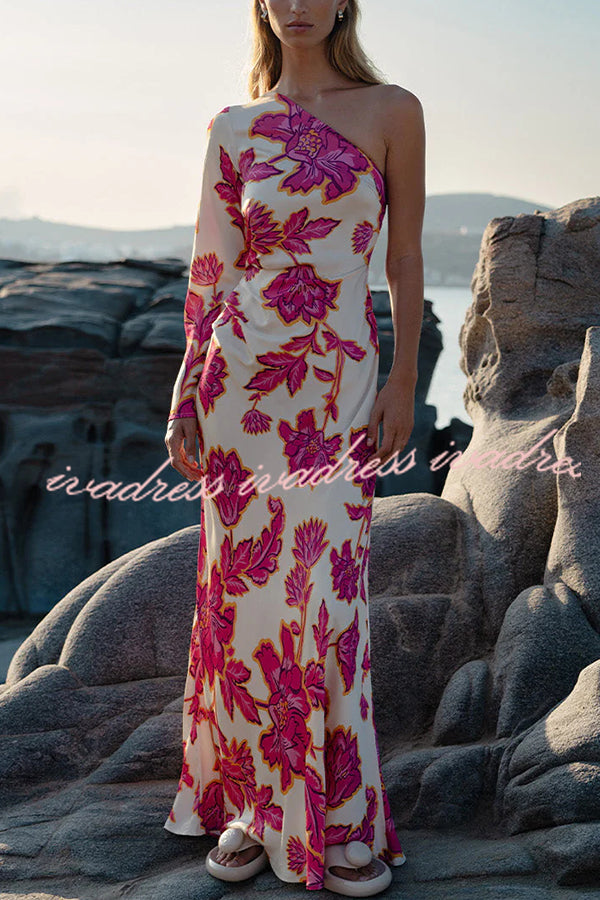 Rhia Satin Floral Print One Shoulder Flared Maxi Dress