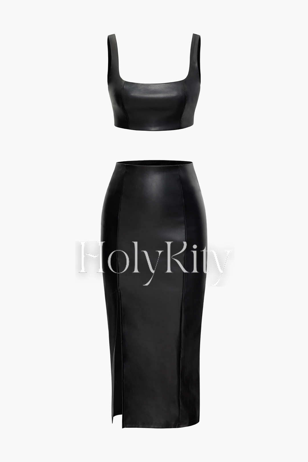 Faux Leather Cami Top And Slit Midi Skirt Set