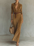 Elegant Brown Suede Shirt Collar Long Sleeve Button Belted Maxi Dress