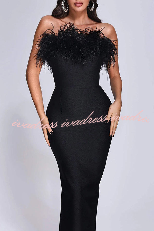 Sivir Feather Off Shoulder High Waisted Slit Maxi Dress
