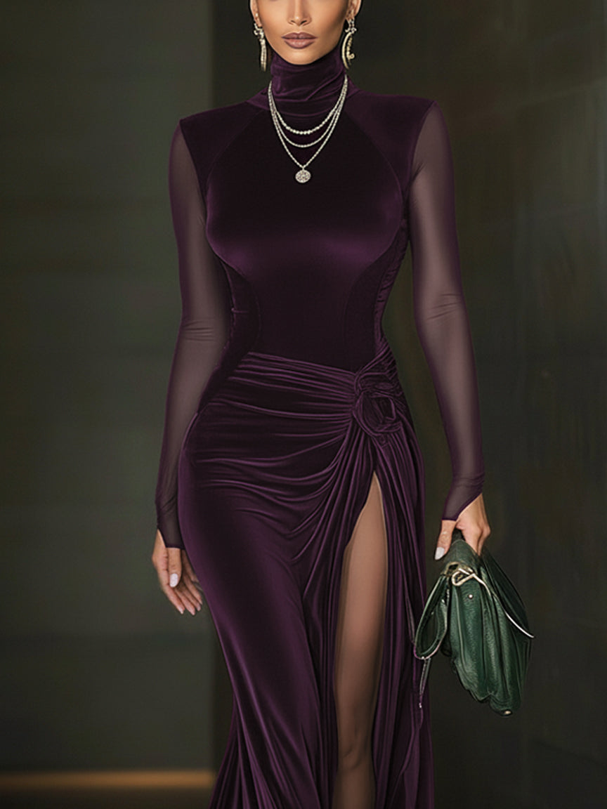Emerald Green Velvet Mesh Sleeve High Slit Maxi Dress