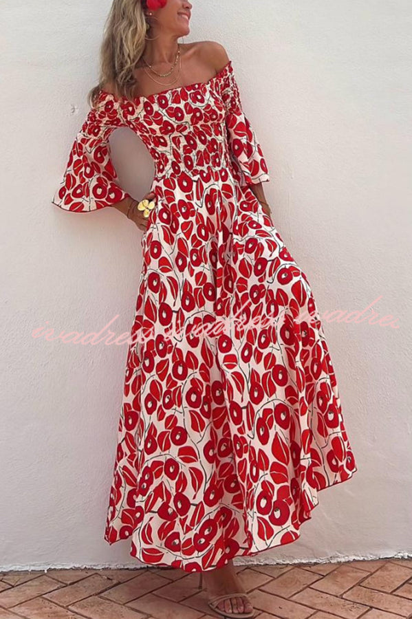 Close To The Vacation Floral Print Smocked Off Shoulder Pocketed Maxi Dress
