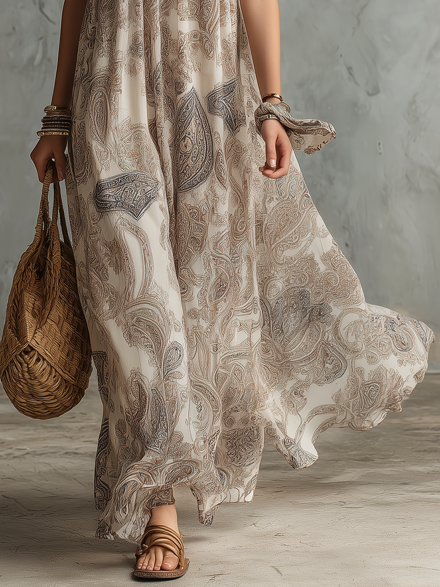 Vintage Elegant Stand-collar Sleeveless Paisley Print Chiffon Maxi Dress