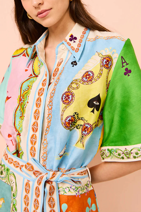 Linen Blend Unique Printed Short Sleeved Pocket Tie Waist Mini Dress(One Size UP)