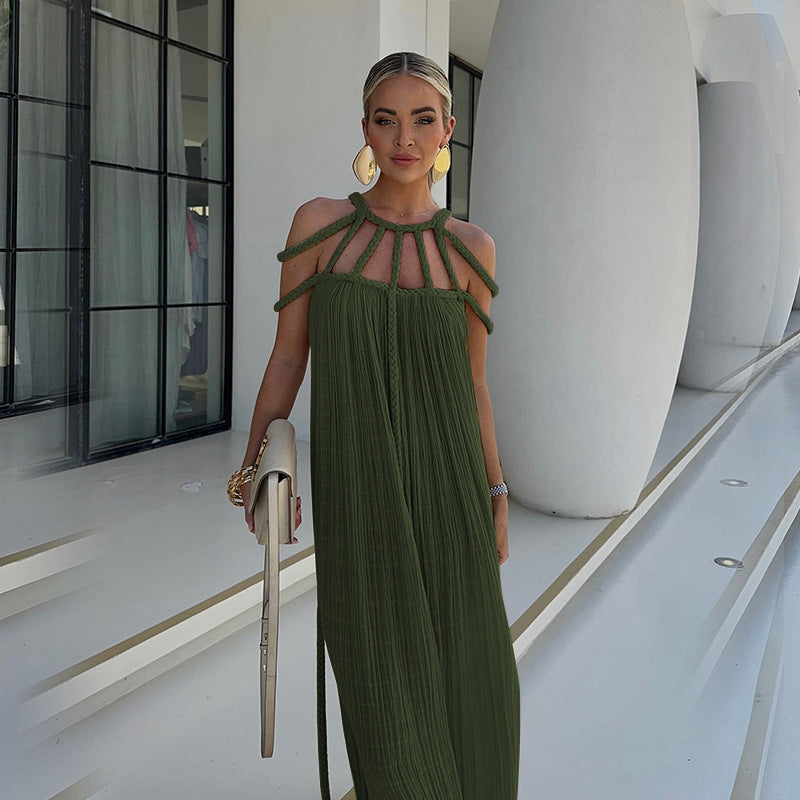 Off Shoulder Halter Maxi Dress(With Belt)