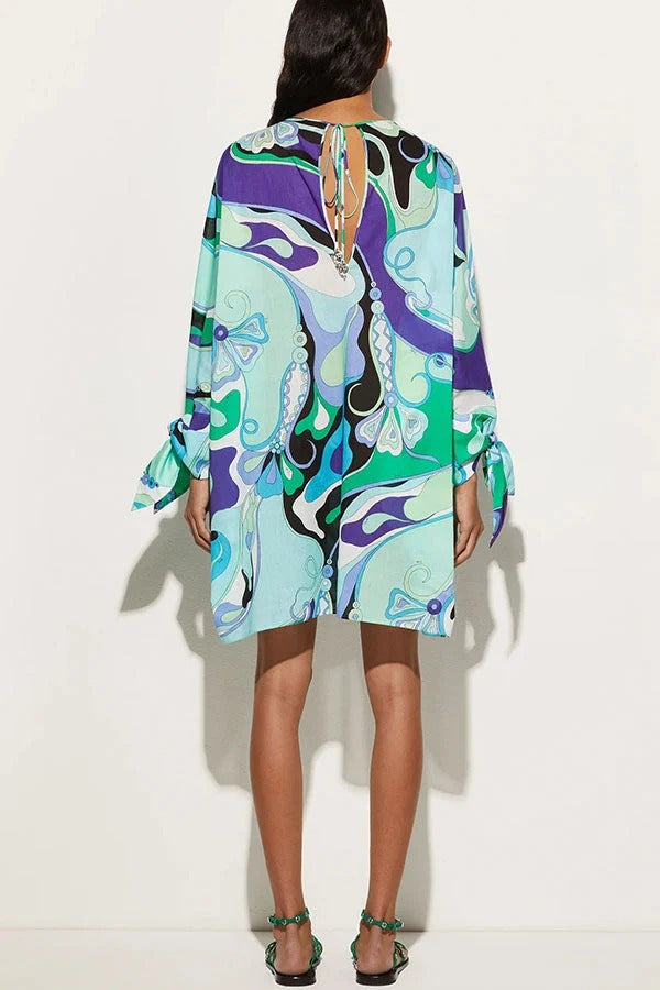 Micah Satin Unique Print Slit Tie-up Sleeve Shift Kaftan Mini Dress