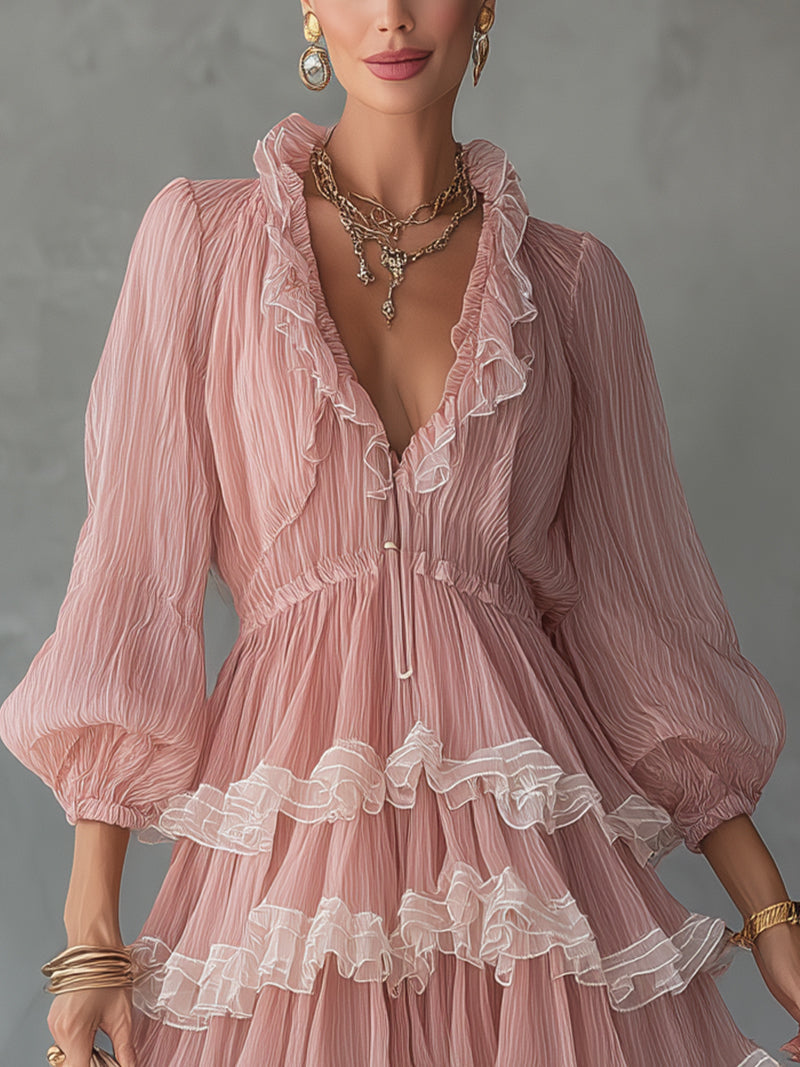 Pink Pleated Chiffon Ruffle Mini Dress