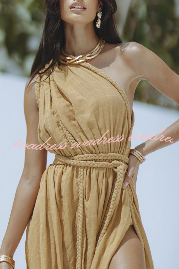 Avani Linen Blend Draped Braids One Shoulder Slit Cover Up Maxi Dress
