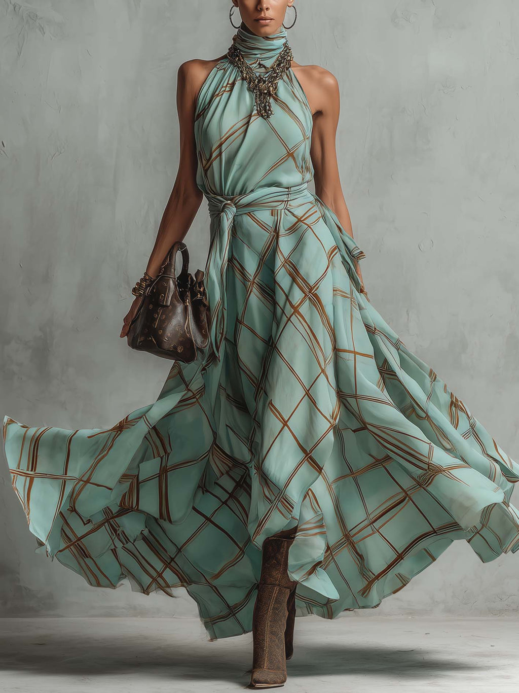 Mint Green Chiffon Plaid Maxi Dress