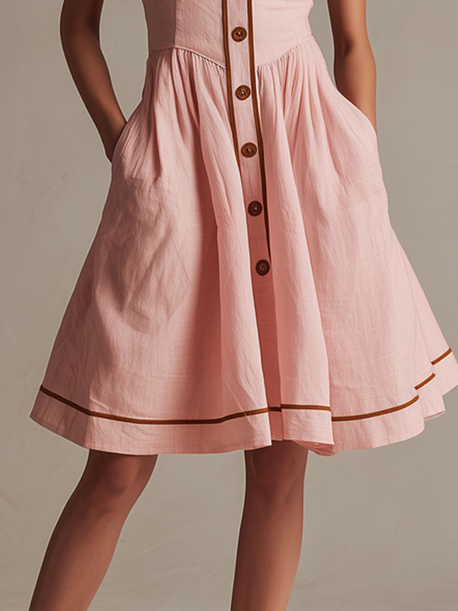 Vacation Retro Brown Trim Pink Cotton Sleeveless Mini Dress