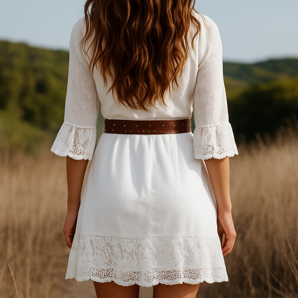 【24-hour shipping out】Women's White Linen V-neck Lace Hem Stitching Lace Mid-length Sleeve Dress